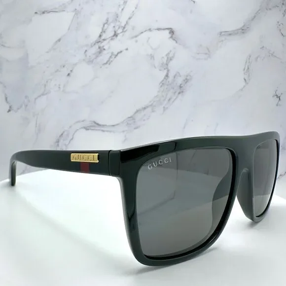 New GUCCI Sunglasses Black Square Aviator Gold Plate Engraved Logo Web Arm GUCCI